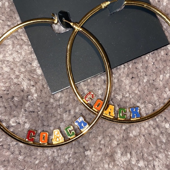 Coach Multicolor Letter Logo Gold Tone Hoop Earrings - Picture 4 of 4